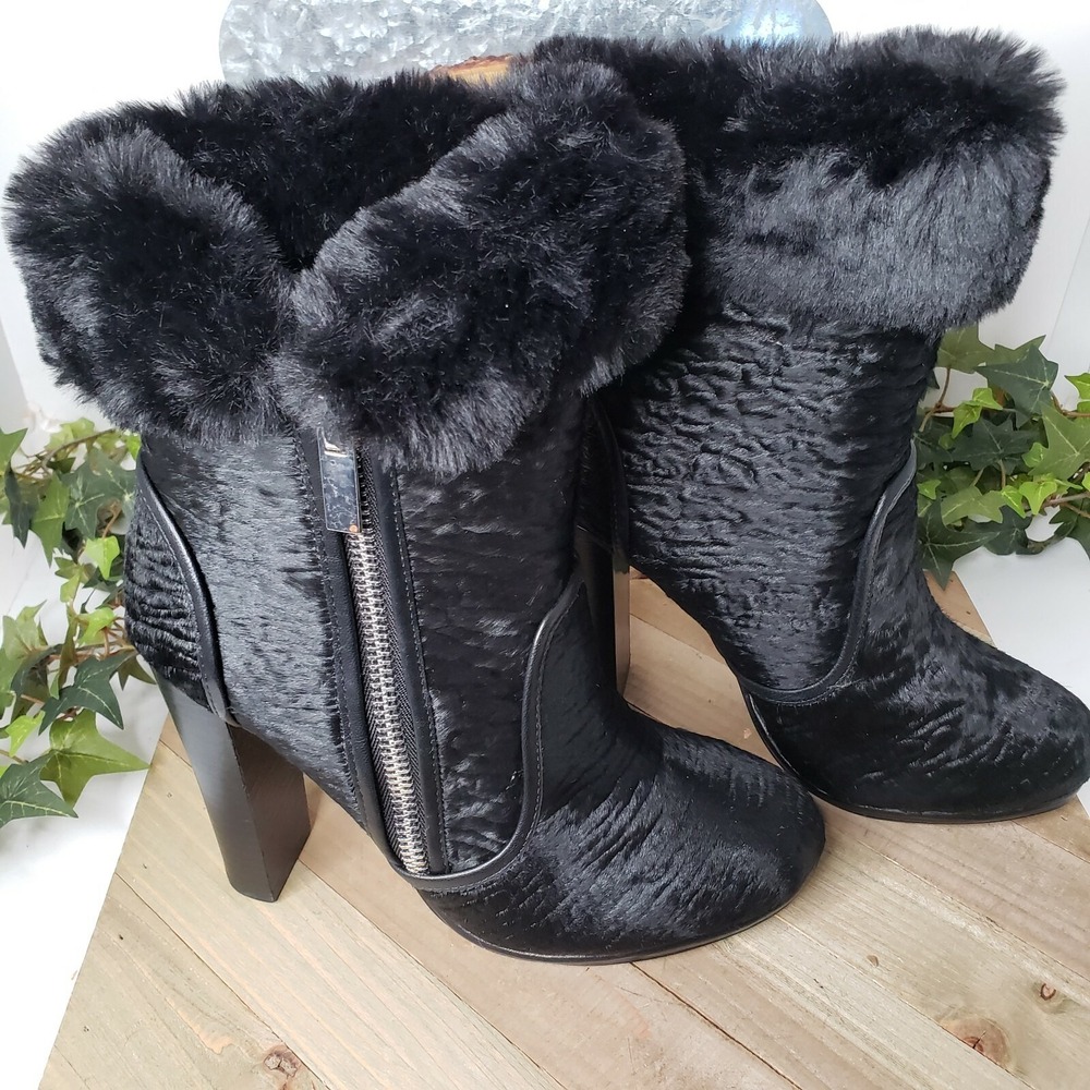 JUNE AMBROSE BLACK‎ LEATHER FAUX FUR ANKLE BOOTS SIZE 9 M - NEW